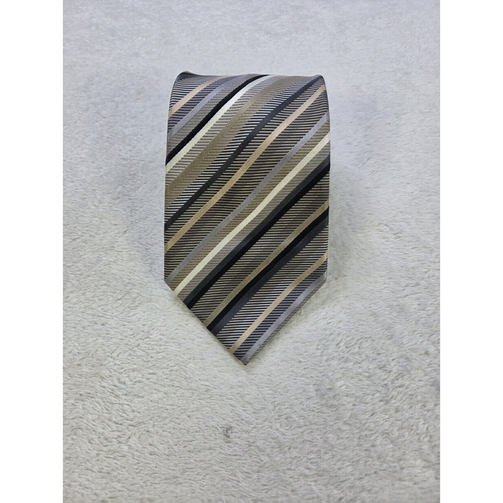 Geoffrey Beene Silk Tie Gray Silver Black Striped Classic Business Formal...